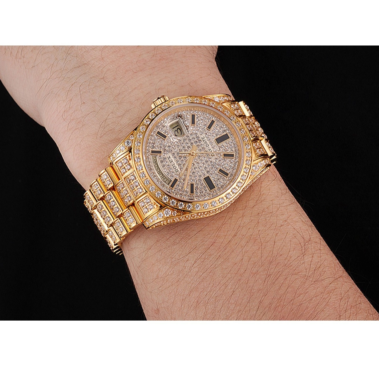 Rolex copies cheap Diamond Swiss Pave Full Yellow Rolex Date Gold Day 0525